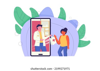 Concepto farmacia de internet con la escena de personas en el diseño de dibujos planos. Las mujeres piden la medicina necesaria en Internet sin vivir en casa. Ilustración vectorial.