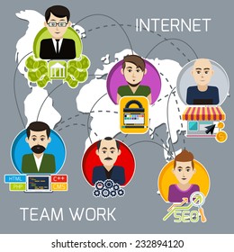 Concept of internet project business team of freelancers with investor, programmer, web designer, system administrator, link manager with interaction lines