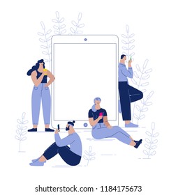 concept of internet research, team work, young men and women near  the big gadget and using their own smartphones, reading online news, social network, usability. character design vector illustration