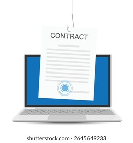 Concept of internet scam or contract fishing. Laptop with document on fishing hook. Carefully reading before making a deal. Vector illustration