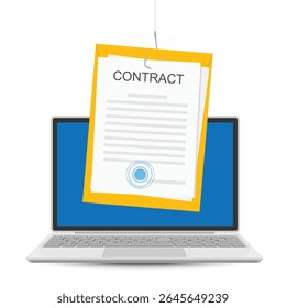 Concept of internet scam or contract fishing. Laptop with document and fishing hook. Carefully reading before making a deal. Vector illustration