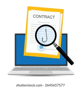 Concept of internet scam or contract fishing. Laptop with document and fishing hook under magnifying glass. Carefully reading before making a deal. Vector illustration