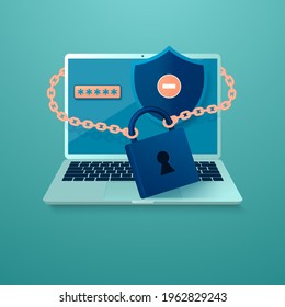 The Concept Of Internet Security And Privacy Of Personal Data In The Form Of A Laptop Under Lock And Key. Vector Illustration.