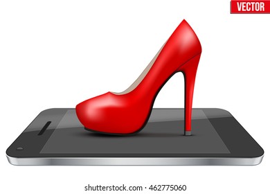 Concept of internet shopping. Woman shoes on Smartphone. Vector Illustration isolated on white background.