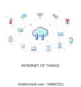 Concept Internet of things. Cloud network concept for connected smart devices. Vector illustration of IoT and network connections icons on white background