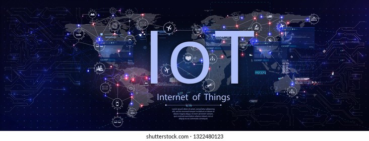  Concept Internet of things  devices and connectivity concepts on a network. Spider web of network connections with on a futuristic blue background. In the style of HUD UI GUI. Landing page. IOT icons