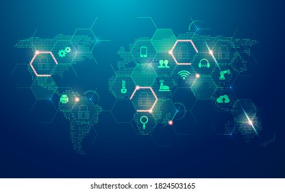 Konzept des Internets von Dingen, Grafik von gepunkteter Weltkarte mit neuem Technologie-Element