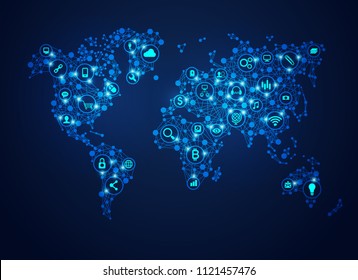 concept of internet of things, graphic of world map combined with digital technology icons