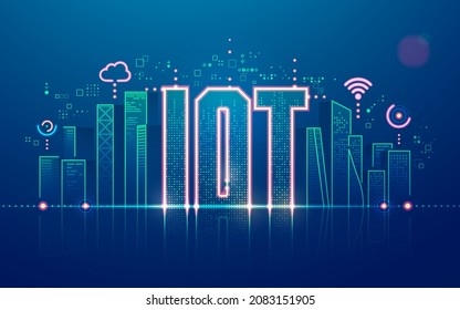 concept of internet of things technology or smart city, graphic of buildings with futuristic industry element