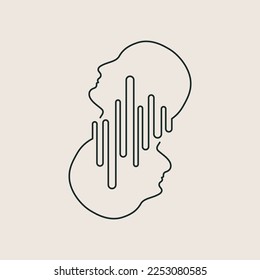 Concept of interpersonal relationships, empathy, understanding. Intertwined human heads. Diagonal icon, line design, editable strokes. Vector illustration