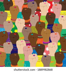 Das Konzept der rassistischen Einheit. Die Hand einer Frau mit einer erhabenen Faust. Girl Power . Das Konzept des Feminismus. Realistischer Vektorgrafik-Stil