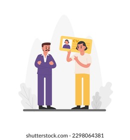 Concepto de experiencia en entrevistas en el cargo, contratación de nuevo empleado. Joven esperando una entrevista, parado frente a un empleado de recursos humanos, sosteniendo su CV. Ilustración vectorial en diseño plano