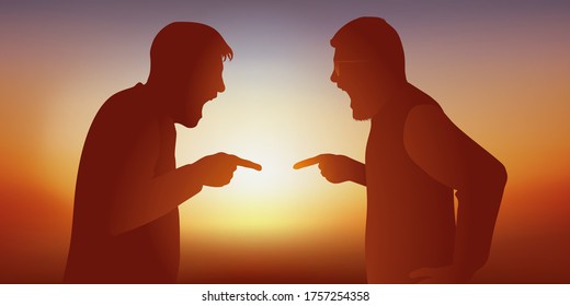 Concept of intolerance with a disagreement that turns into an argument between two angry men, who are opposing on a subject of contention.