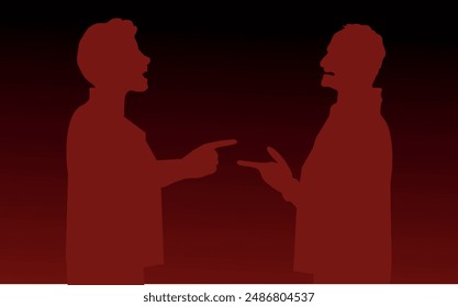 Concept of intolerance with a disagreement that turns into an argument between two angry men, who are opposing on a subject of contention.