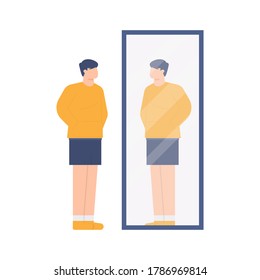 the concept of introspection, confidence, fashion. illustration of a man who is looking at himself in a mirror. flat design. can be used for elements, landing pages, UI, websites.