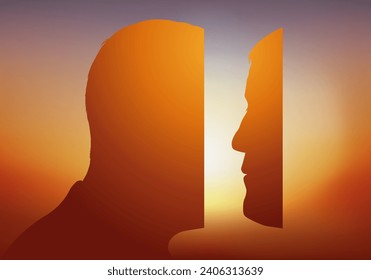 Concept of introspection and psychoanalysis, with a man in profile who looks at himself and seeks to understand his personality.