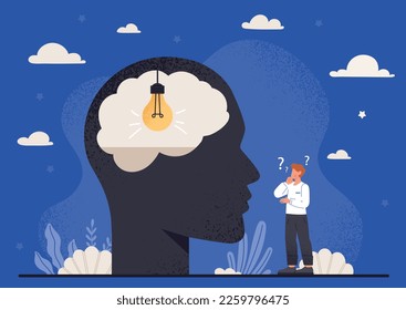 Concept of intuition. Man looks at abstract silhouette of head with light bulb inside. Creativity and logical thinking, subconscious. Idea and insight, brainstorming. Cartoon flat vector illustration