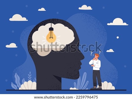 Concept of intuition. Man looks at abstract silhouette of head with light bulb inside. Creativity and logical thinking, subconscious. Idea and insight, brainstorming. Cartoon flat vector illustration