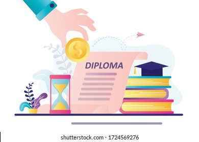 Concept invest in education. Banner of money savings for study. Investment in knowledge learning student, credit scholarship. Stack of books, diploma and university cap. Flat vector illustration
