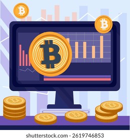 The concept of investing in digital currency funds or ETFs, Bitcoin bar graph displayed on a computer screen.
