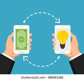 Concept for investing into ideas. One hand holding smartphone with light bulb and other hand offers money. Flat vector illustration.