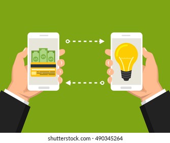 Concept for investing into ideas. One hand holding smartphone with light bulb and other hand offers money. Flat vector illustration.