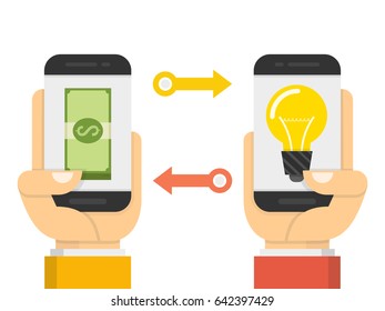 Concept for investing into ideas. One hand holding smartphone with light bulb and other hand offers money. Flat cartoon style. Vector illustration.