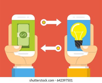 Concept for investing into ideas. One hand holding smartphone with light bulb and other hand offers money. Flat cartoon style. Vector illustration.