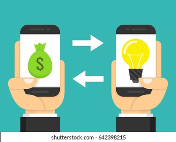 Concept for investing into ideas. One hand holding smartphone with light bulb and other hand offers bag with money. Flat cartoon style. Vector illustration.