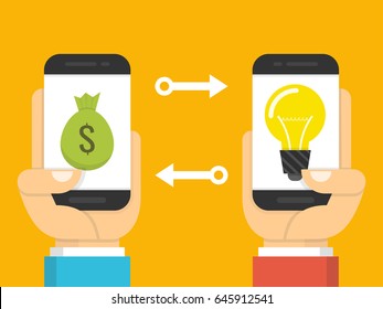 Concept for investing into ideas. One hand holding smartphone with light bulb and other hand offers bag with money. Flat cartoon style. Vector illustration.