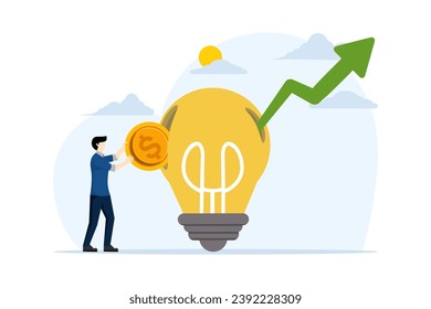 concept of investing in knowledge for more success, paying for additional learning and improving skills, Businessman inserting coins into a light bulb while skyrocketing the graph.