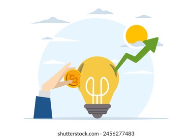 Concept of Investing in knowledge for more success, paying for additional learning and improving skills concept, Businessman hand inserting coin into light bulb while soaring graph.