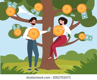 Concept of investing and making a profit. A man and a woman collect bills and coins from the money tree. Revenue metaphor. Cartoon modern flat vector illustration on the background of nature