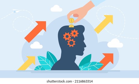 The concept of investing in man. Improving performance. Contribution to development. Metaphor of investing in a person. Improving the level of knowledge through training. Flat illustration. Vector. 