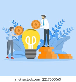 concept of investing money in an idea, innovation or technology investment or creativity to make profit concept, smart businessman putting a coin in a light bulb