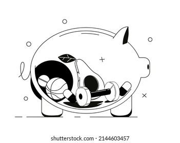 The concept of investing in your health. Attributes of a healthy lifestyle in a pig piggy bank. Vector black and white illustration.
