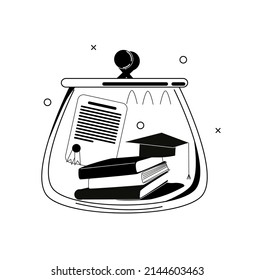 The concept of investing in yourself, in your education. Books and a diploma in a wallet. Vector black and white illustration.