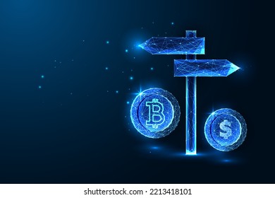 Concept of investment choice between cryptocurrency and stocks with signpost, bitcoin and dollar coins on dark blue background. Futuristic glowing polygonal style. Modern design vector illustration