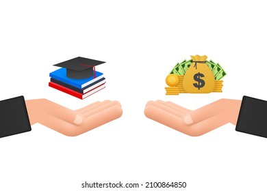 Concept of investment in education with coins books and scales. Vector stock illustration.