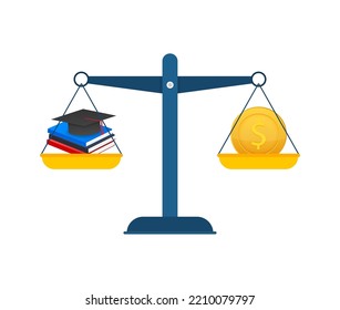 Concept of investment in education with coins books and scales. Vector stock illustration.