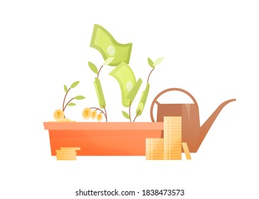 Concept of investment evolving business, financial development. Growing money tree with cash and coin stack. Capital boost metaphor. Flat vector cartoon illustration isolated on white background