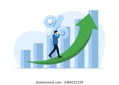 Concept of investment and financial growth, economic improvement and GDP growth, increasing wages and savings, man carrying percentage growth graph arrow. flat vector illustration.
