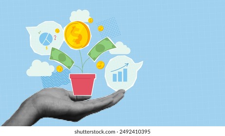 Concept of investment or financial growth. Wealth profit growth, earning increase, increase earning profit and capital gain. Vector collage with hand of businessman holding growing money plant. 