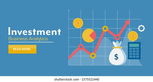 Concept of Investment graph, Investment risk, Profit, Revenue and ROI - flat design vector banner with icons and texts