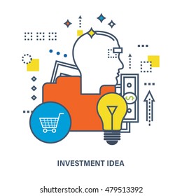 Concept of investment idea and creative process. Flat Vector illustration. Can be used for banner, business data, web design, brochure template.