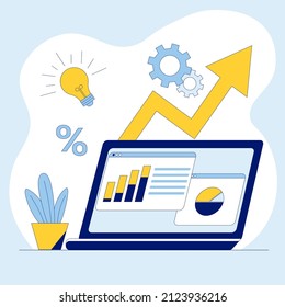 The concept of investment and income. The monitor screen with chart and diagram. Flat vector illustration for web sites and mobile web sites. 