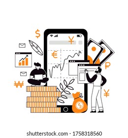 The concept of investment and income multiplying. Buying shares and funds. Investor strategy, financing concept. The characters analyze the stock market with the help of an investment broker.