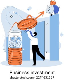Concept of investment and income multiplying. Buying shares and funds. Investor strategy, financing business activities. Businessman analyze stock market, puts accumulated cash money in piles