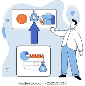 Concepto de inversión y multiplicación de ingresos. Comprar acciones y fondos. Estrategia del inversor, financiación de actividades empresariales. Hombre de negocios analiza el mercado de valores, pone dinero en efectivo acumulado en maletín