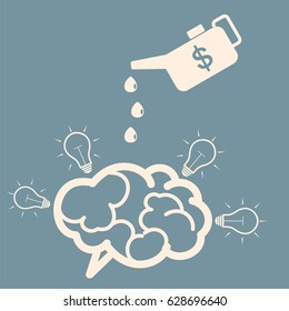 Concept of investment. Monetary motivation of new ideas. Oiler and brain. Vector.